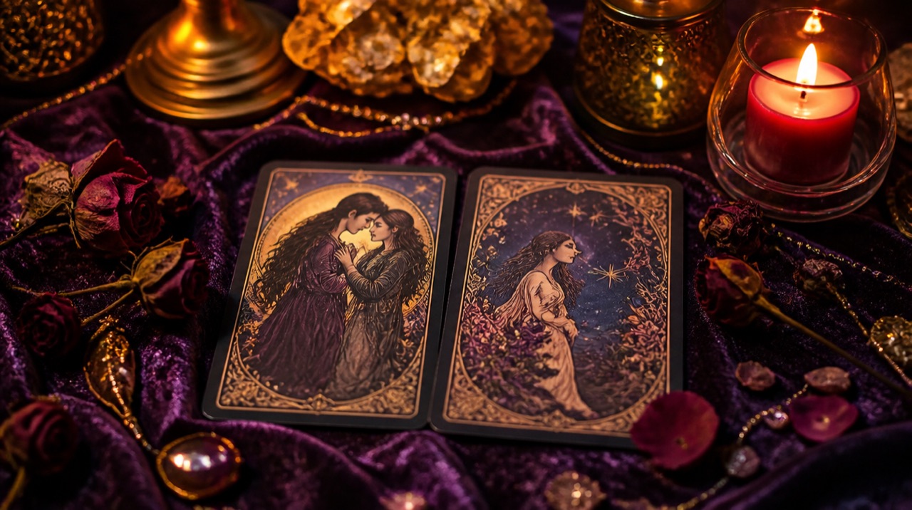 Due carte dei tarocchi accanto a rose secche e una candela rossa